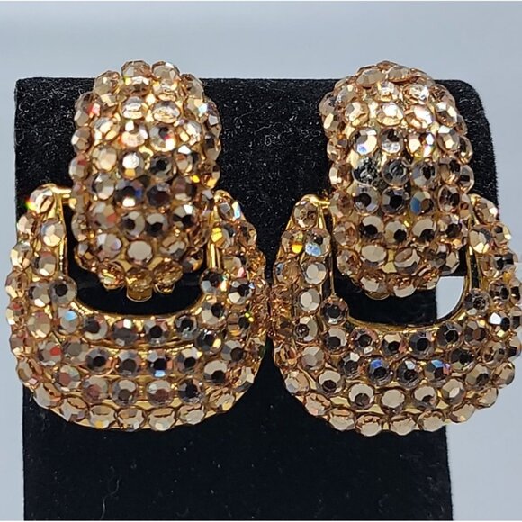Unknown Jewelry - High End VTG Door Knocker Clip On Earrings Stunning Pave Gold Tone Rhinestones
